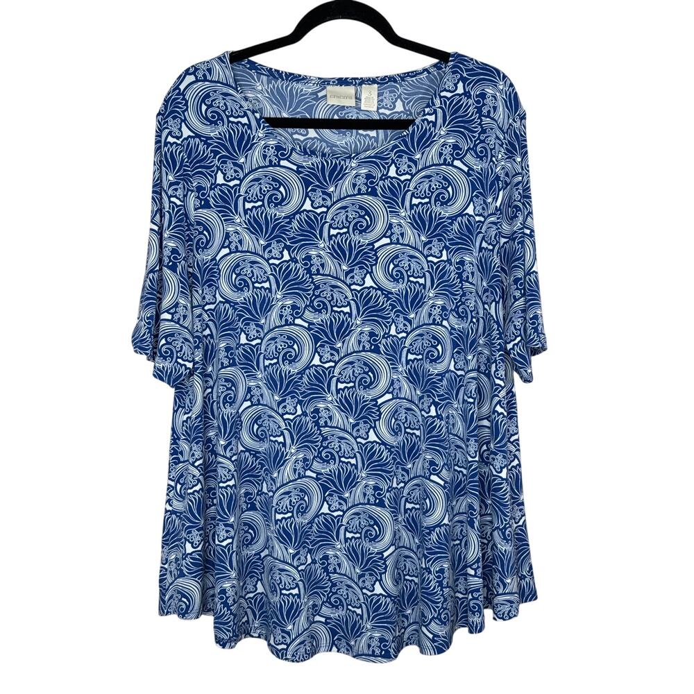 Chicos Women's Size XL Blue White Floral Swirl Abstract Print Pullover Top Shirt